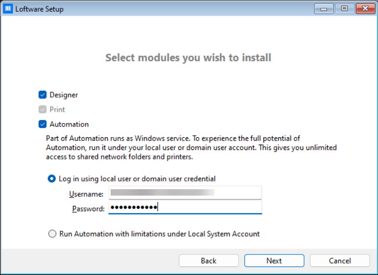 Loftware Setup: Select modules