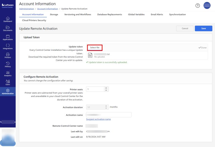 Updating or changing remote activation