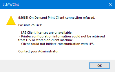 Error M664 Client Failed to LPS Print Server and Error M665 On Print Client Connection Refused