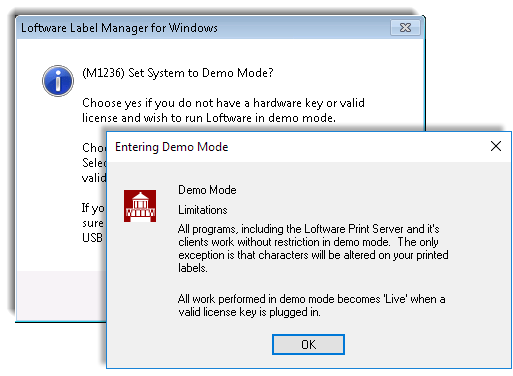 Windows dialog box encountered when Loftware enters into Demo Mode