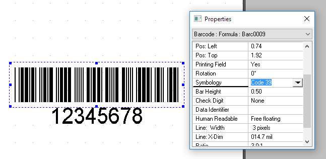 A Code 39 barcode inserted on a label template.